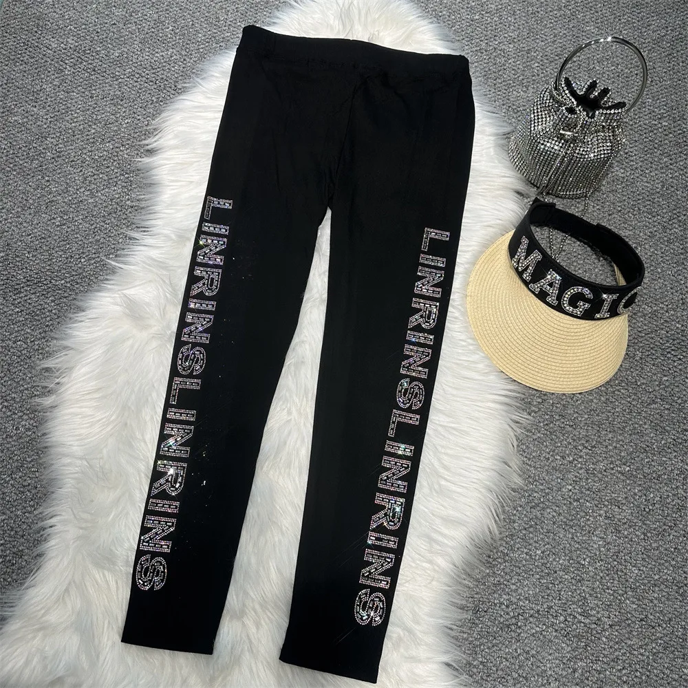 Fitness Yoga Running Women Leggings New Spring Autumn High Waist Stretch Skinny Pencil Pants Letters Hot Diamonds Ankle-length