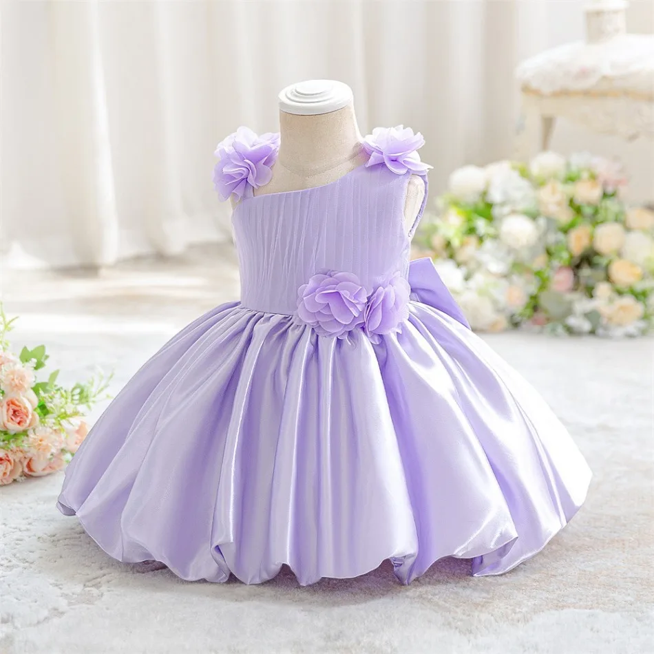 Lavender Purple Satin Kid Pageant Dress One Shoulder 3D Floral Pleated Waist Bubble Skirt Toddler Wedding Flower Girl Gown ASQ03