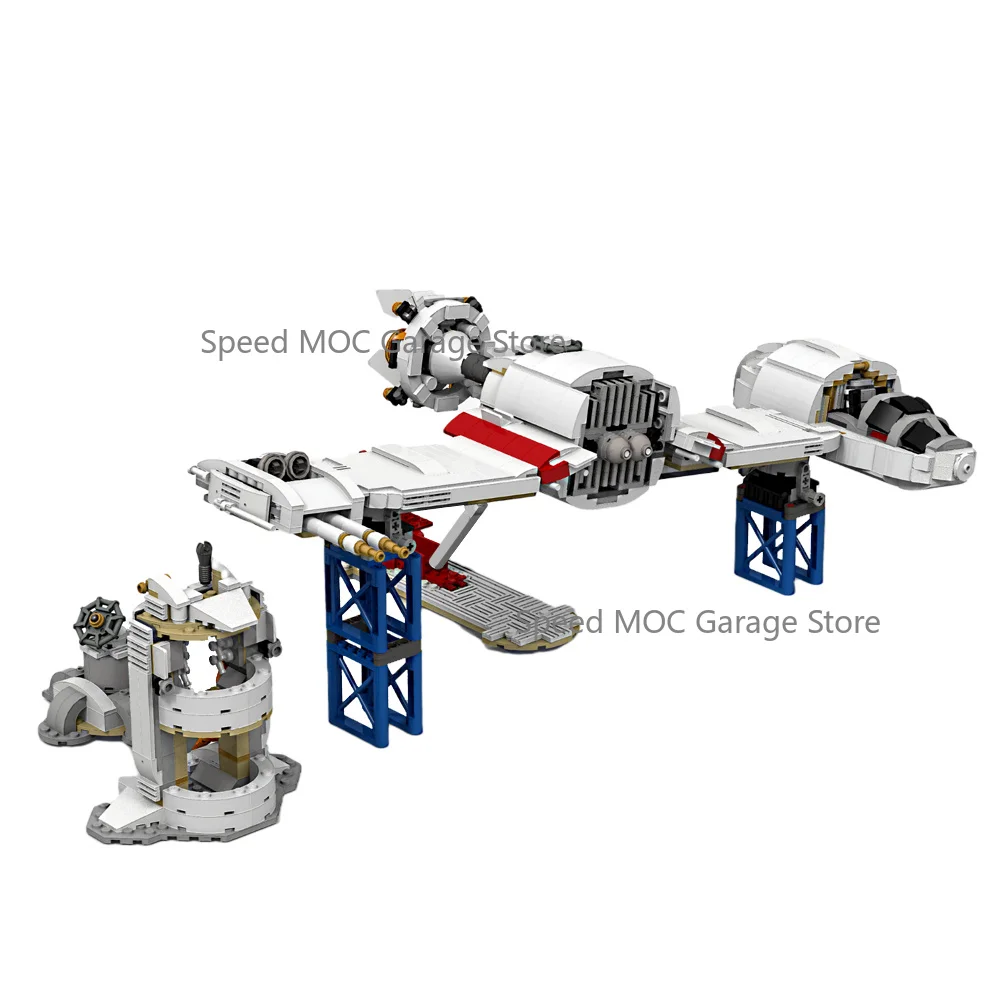 Dual Engine Interstellar Strike Fighter MOC Brick Sci-Fi Space Attack Aircraft with Support Stand Turret Scene Building Blocks