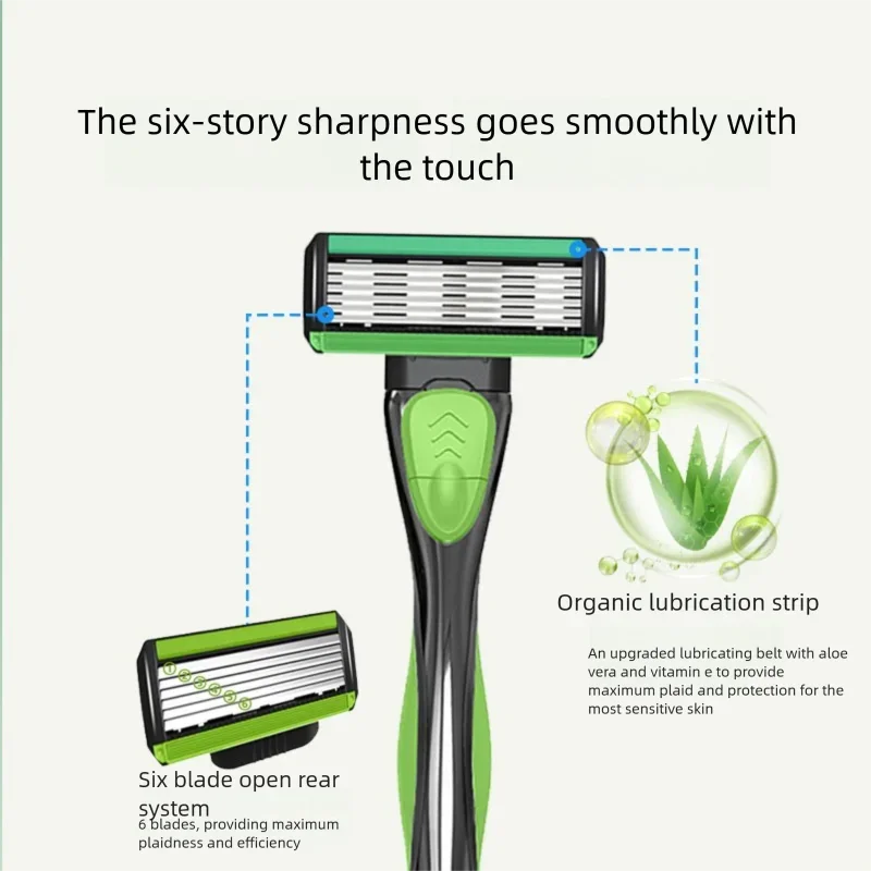 Razor Classic 6 Layer Safety Razor For Men Shaving Hair Removal Shaving Blades Manual Shaver Green 1 Handle With 5 Blades Razors