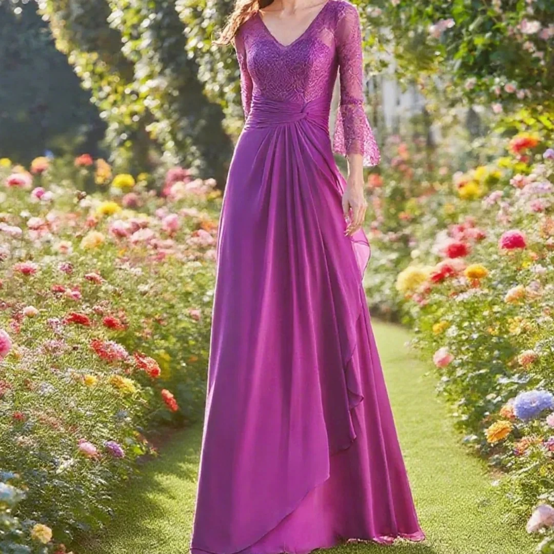 

A Line Mother of the Bride Dress Purple Chiffon Elegant Lace 3/4 Sleeves V Neck Chiffon Mom Wedding Guest Formal Party Gowns