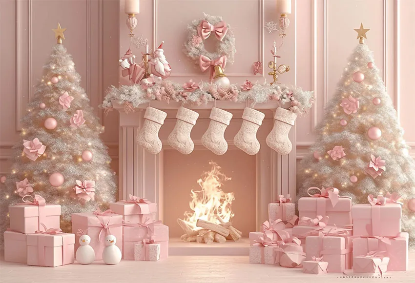 Mehofond Photography Backdrop Pink Christmas Fireplace Family Holiday Portrait White Toy Car Snowmen Gift Boxes Background Photo