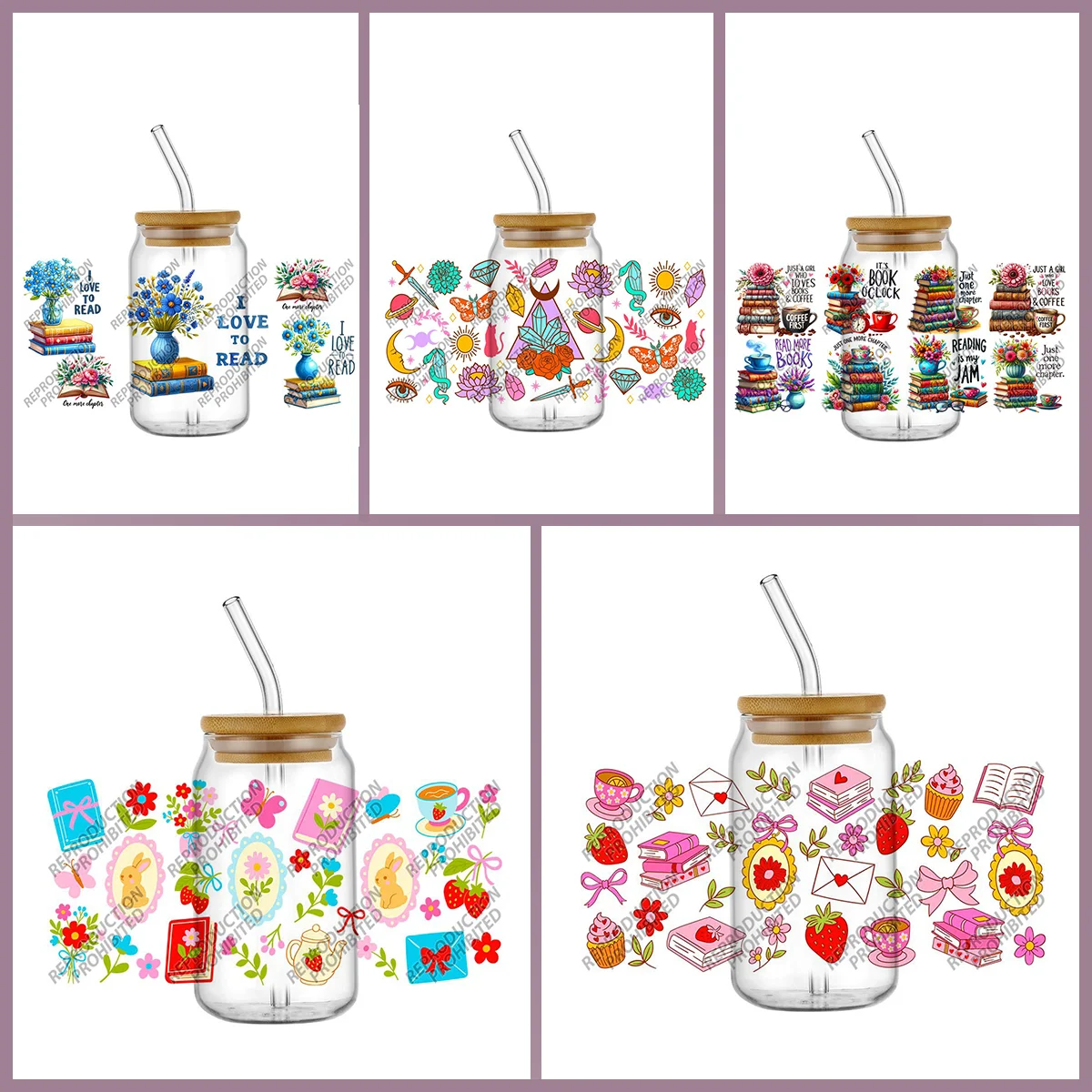 Love Read Theme Gift Pack UVDTF Cup Wrap Stickers for 16oz Tumbler Coffee Mugs Easy to Apply Cold Transfer Vinyl Decals