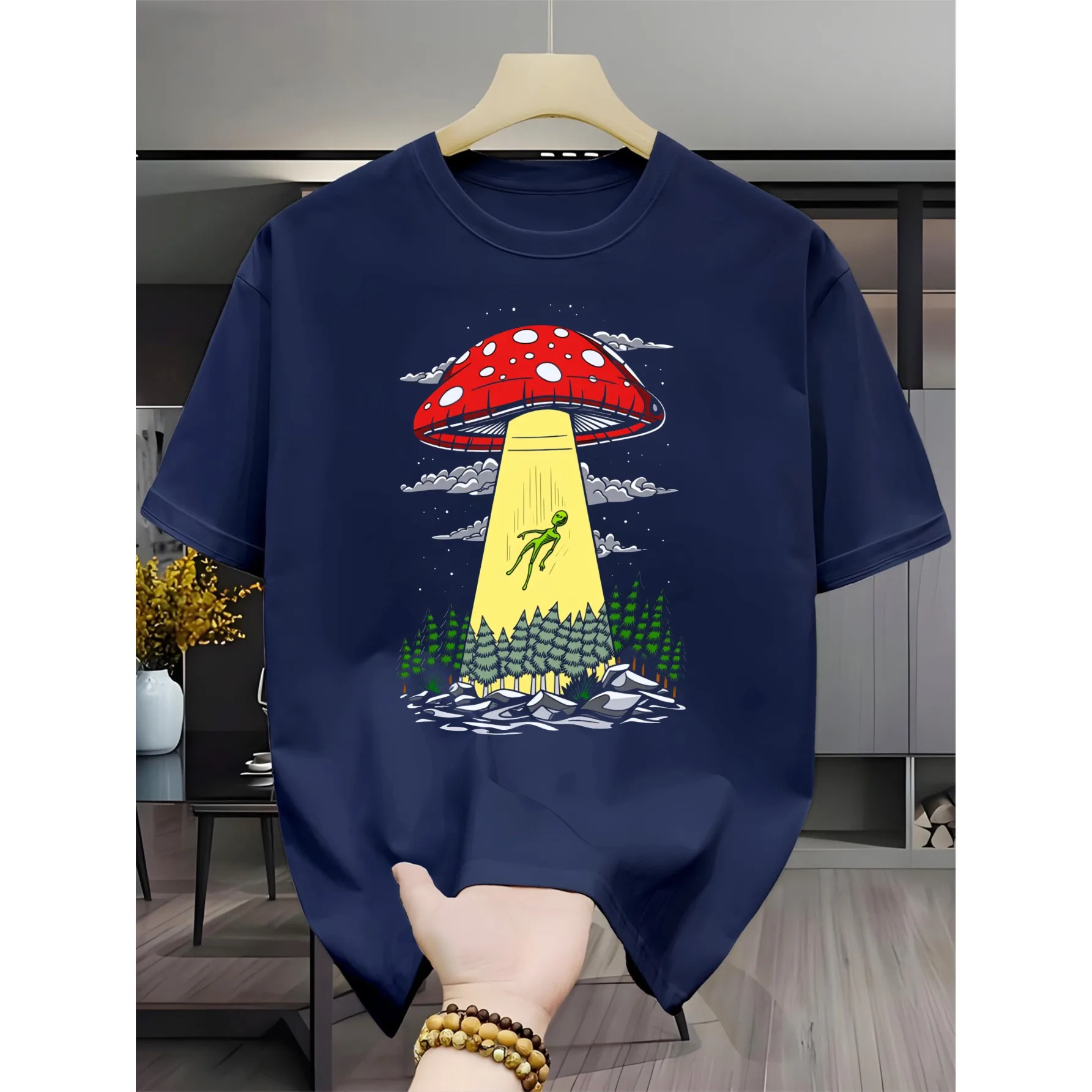 Mushroom UFO Alien Abduction Graphic Tee Short Sleeve Breathable Casual T-Shirt for Men