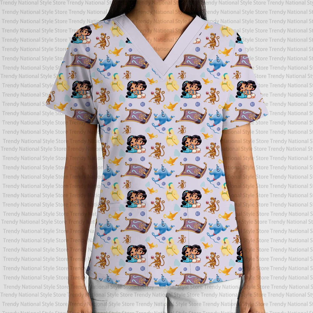 Disney Princess Cartoon Print Hospital Doctor T-shirt New Elegant Women's Work Uniform V-neck Pocket Frosted Top Exquisite