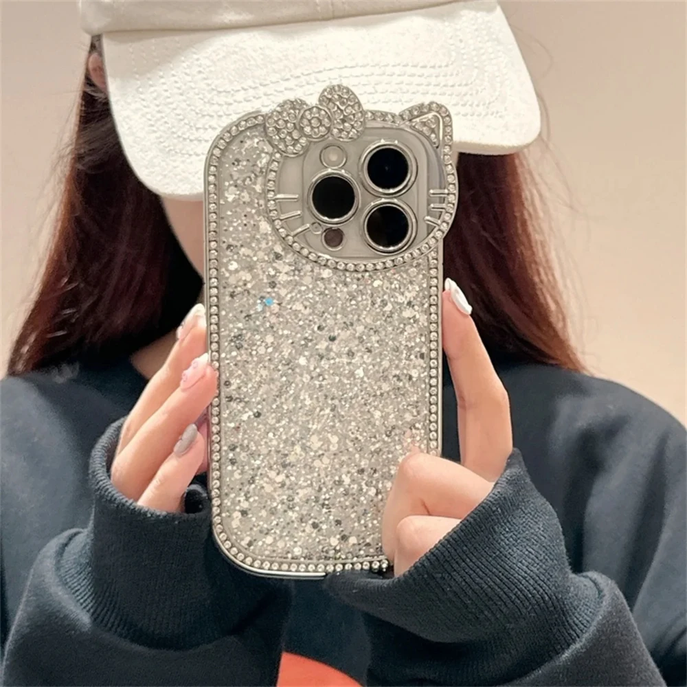 Luxury Sequins 3D Cat Ears Glitter Phone Case for Iphone 16 14 13 12 11 Pro Max 15 Plus Bling Diamond Plating Shockproof Cover