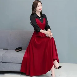 2024 Spring Autumn Women Long Sleeved Patchwork Acetic Acid Satin Dress Female New Slim Elegant Gentle Style Medium Length Dress
