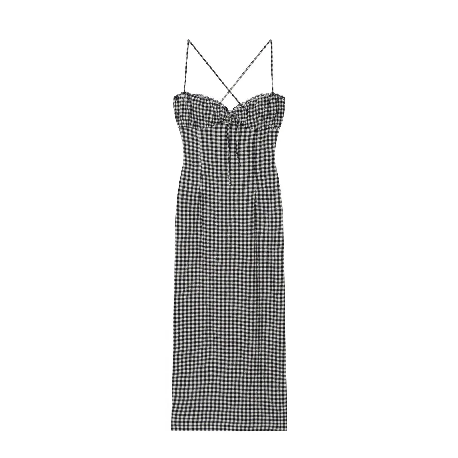 

Dave&Di New Women's Slim Fit Temperament Lace Up V-neck Small Plaid Dress