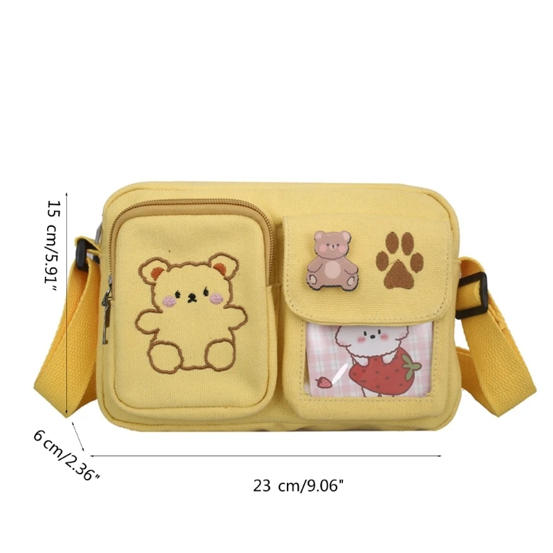 Trendy Crossbody Bag with Bear Embroidery Fashionable Canvas Shoulder Purse Square Bag for Teenage Girls