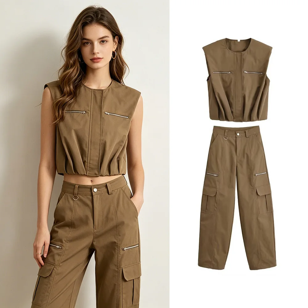 

PRINTKAOIR Fashion 2026 Women Spring Casual Army Green Suit O-Neck Folds Loose Vest+Pockets Long Pants Vintage Female Chic Suits