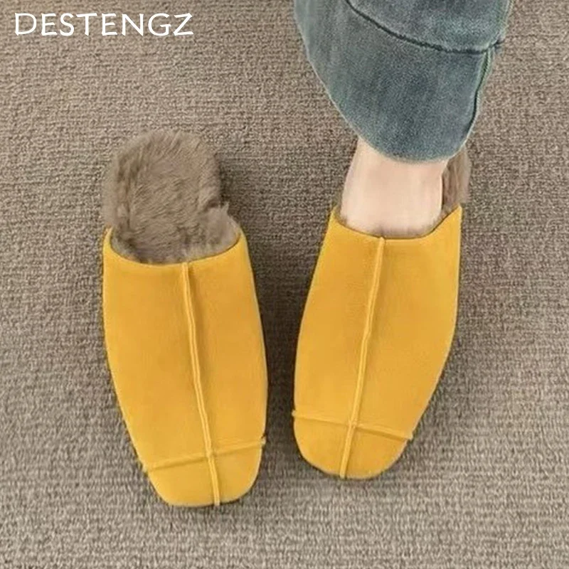 Fur Flats Women Cotton Slippers Winter Suede Mules Shoes Fashion Warm Slingback Shoes Woman 2025 Trend Cozy Casual Mujer Boots