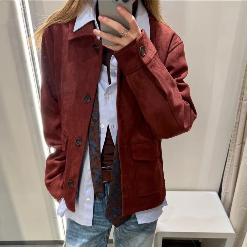 Herbst 2025, neue Damen-Retro-modische Wildlederjacke, Knopfleiste, Vordertaschendesign, geeignet für tägliche Ausflüge, Herbstkleidung, Trafizaran