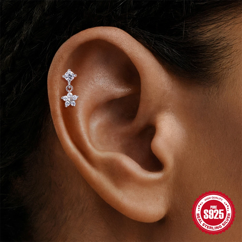 AIDE Moissanite 925 Sterling Silver Geometric Tassel for Women Flat Back Piercing Earring Stud Helix Flower Pendant Fine Jewelry view 4