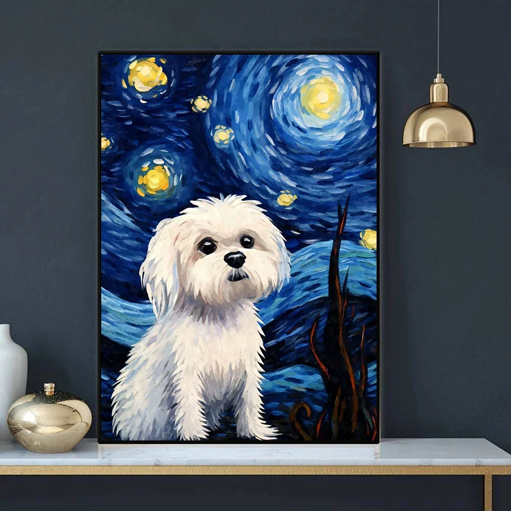Multiple sizes 1pc frameless Canvas Painting,Starry Night Cute Animals Poster Cat Dog Axolotl Platypus Canvas Painting Abstract