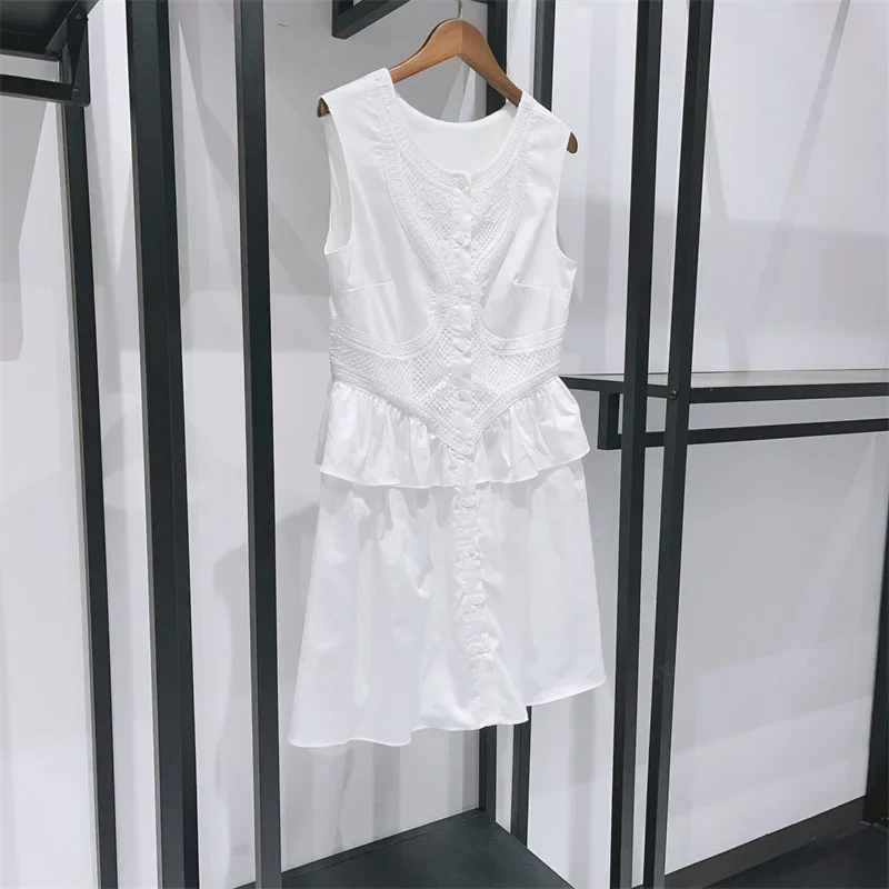 Vestido feminino de renda branca babados, gola em O emendado, sem mangas, seios únicos, doce, verão, mini robe, 2024