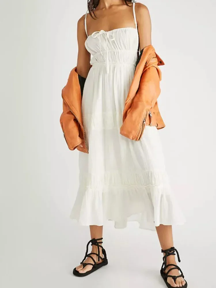 

Women’s Boho Maxi Dress with Smocked Bodice, Tiered Skirt, Open Back & Adjustable Tie – Free Flowing Summer Beach Dress
