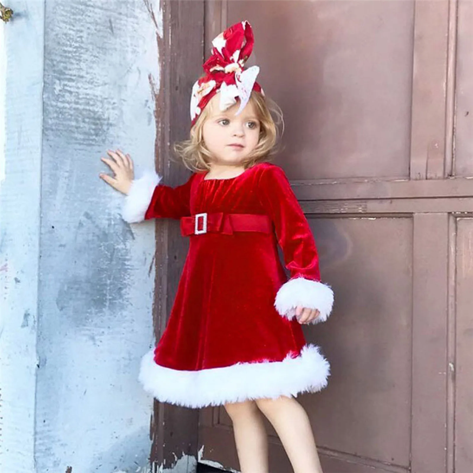 

Baby Girls Christmas Dress Santa Claus Fluffy Red Long Sleeve Kids Santa Cosplay Xmas Costume Holiday Party Performace Outfits