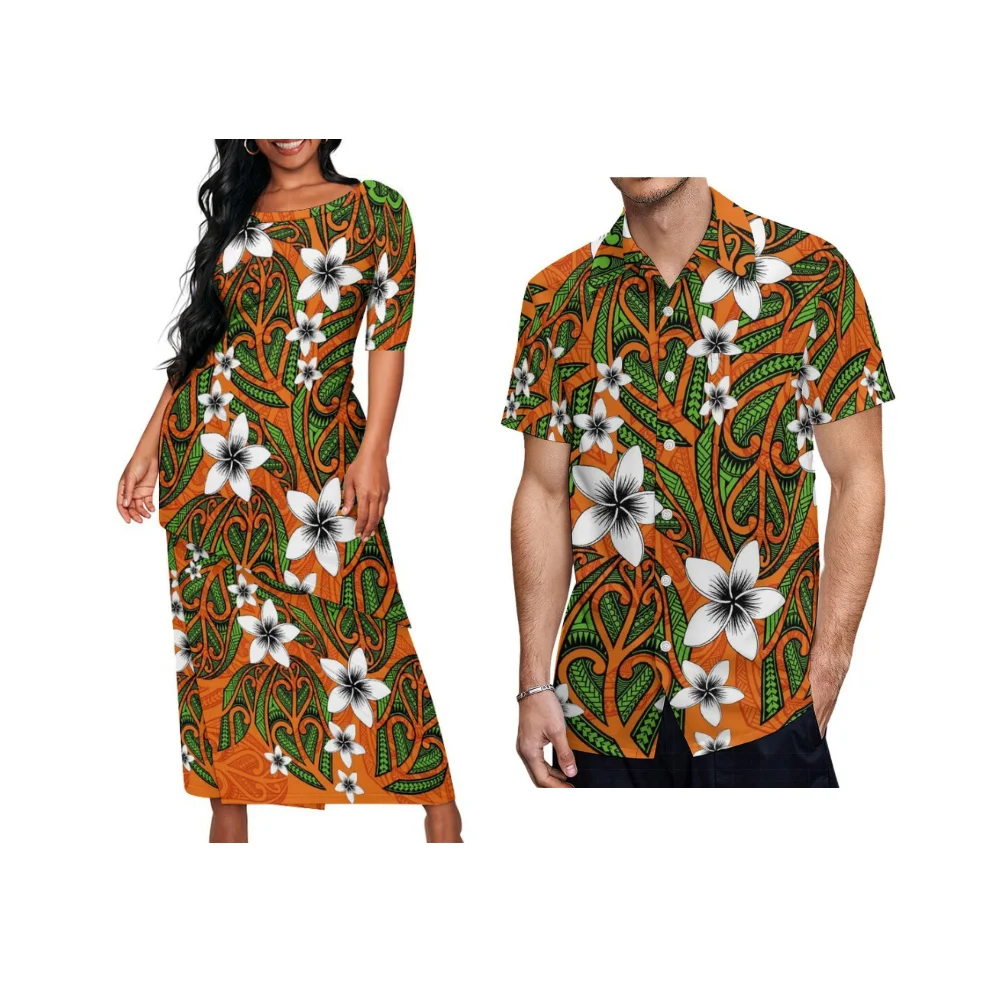 Conjunto de saia feminina de camada dupla com design de bainha inclinada de manga comprida e gola redonda em estilo Puletasi – Roupa de casal personalizada polinésia