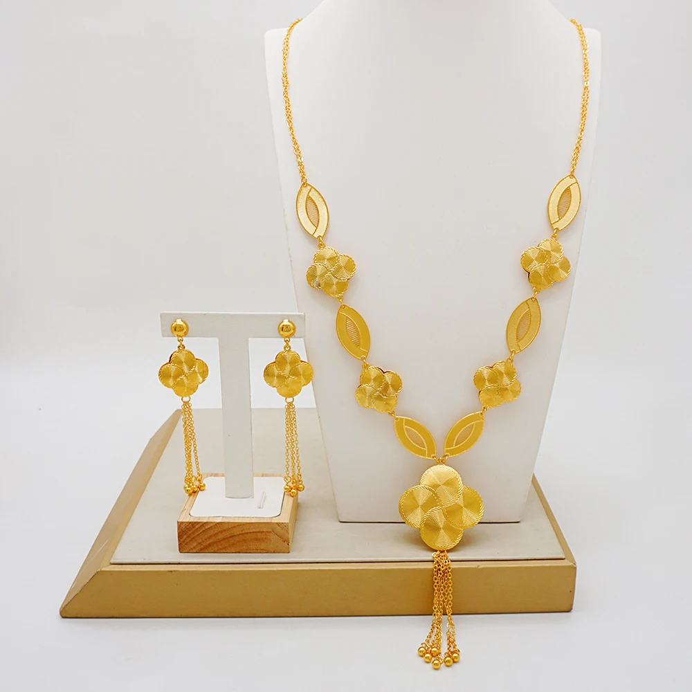 Dubai African Gold Color Jewelry Set Earrings and Long Pendant Set Suitable for Women Wedding Party Gifts