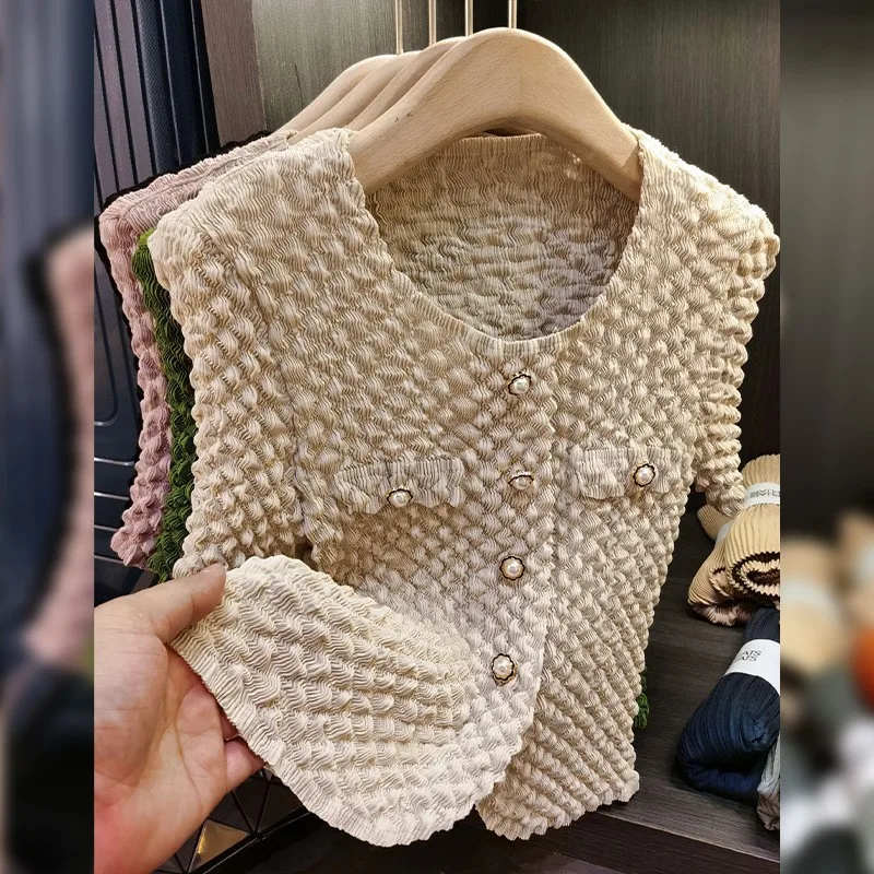 

Ele round Ne ort Sve Плиссированная футболка женская весна-лето New Faion универсальный утягивающий топ на одной пуговице