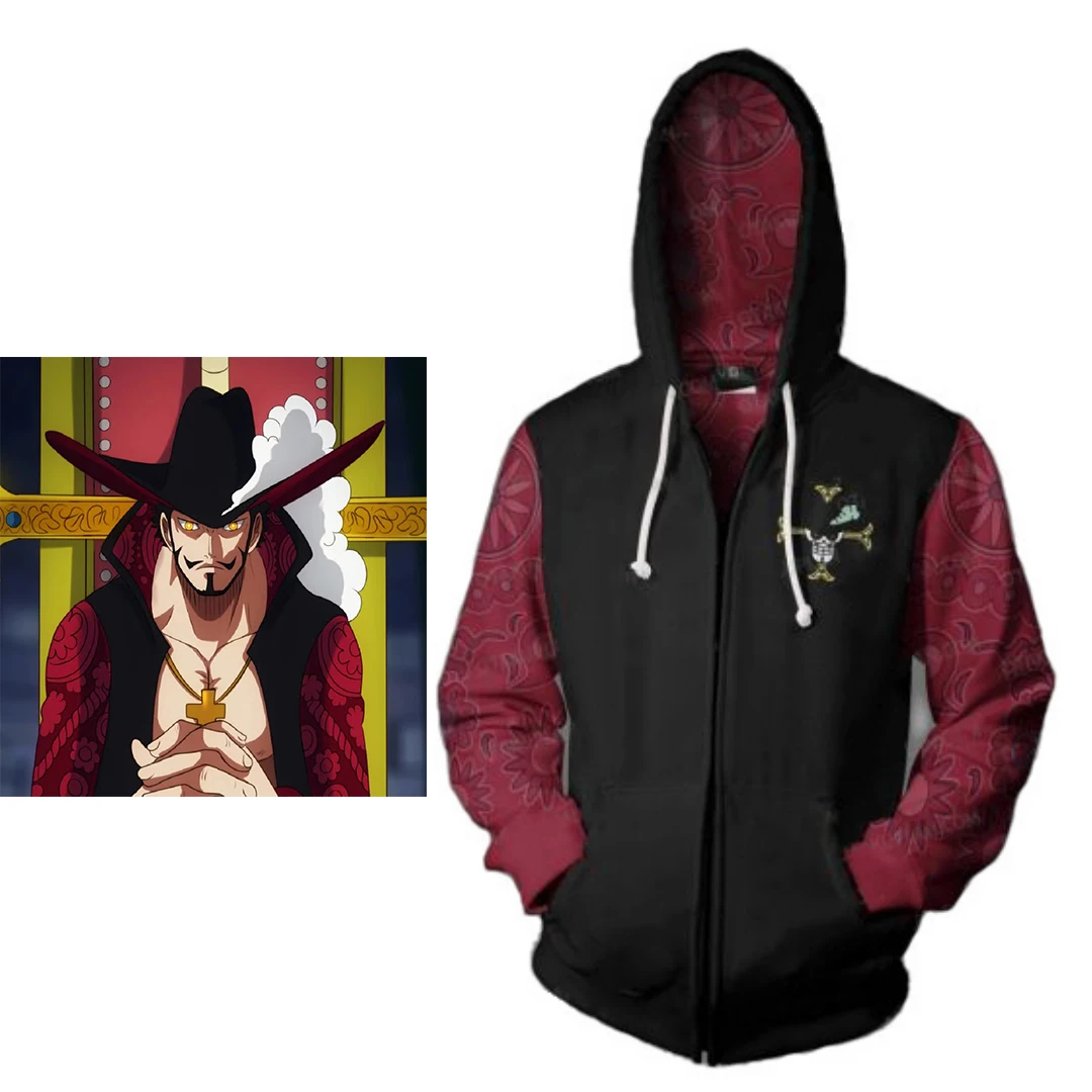 Dracule Mihawk Cosplay Anime Costume Unisex Zipper Pullover Hoodies Halloween Carnival Party Sweatshirt Comic Con Outerwear