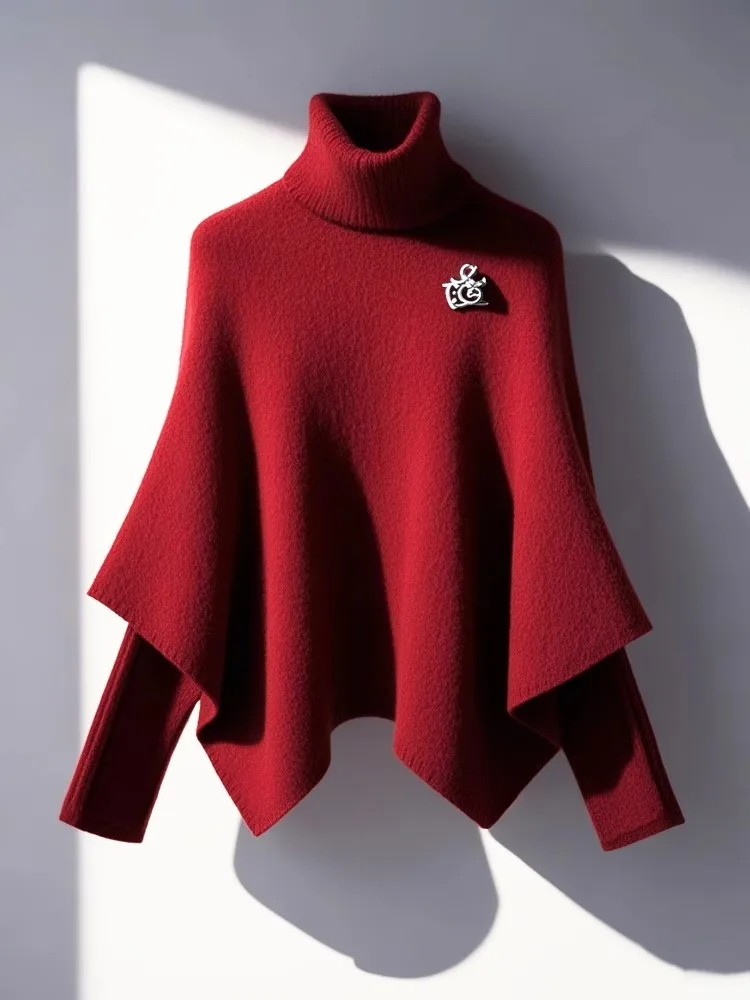 Christmas Red Knitted Sweater Top Winter Elegant Lazy Style Beautiful Countdown Christmas Fake Two-Piece Cloak Sweater