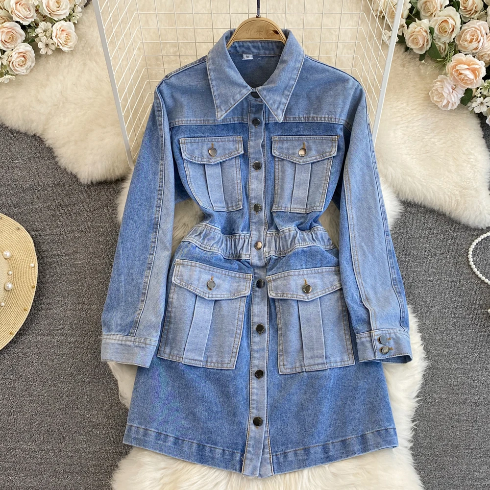 

Spring Autumn American Vintage Temperament Contrast Color Long Sleeve Polo Neck Waist Slim Single Breasted A-line Denim Dress