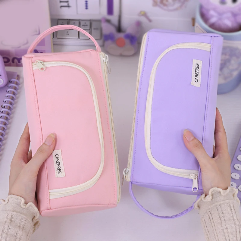 

Simple solid color ladies handbag three-layer zipper with handle student stationery storage bag