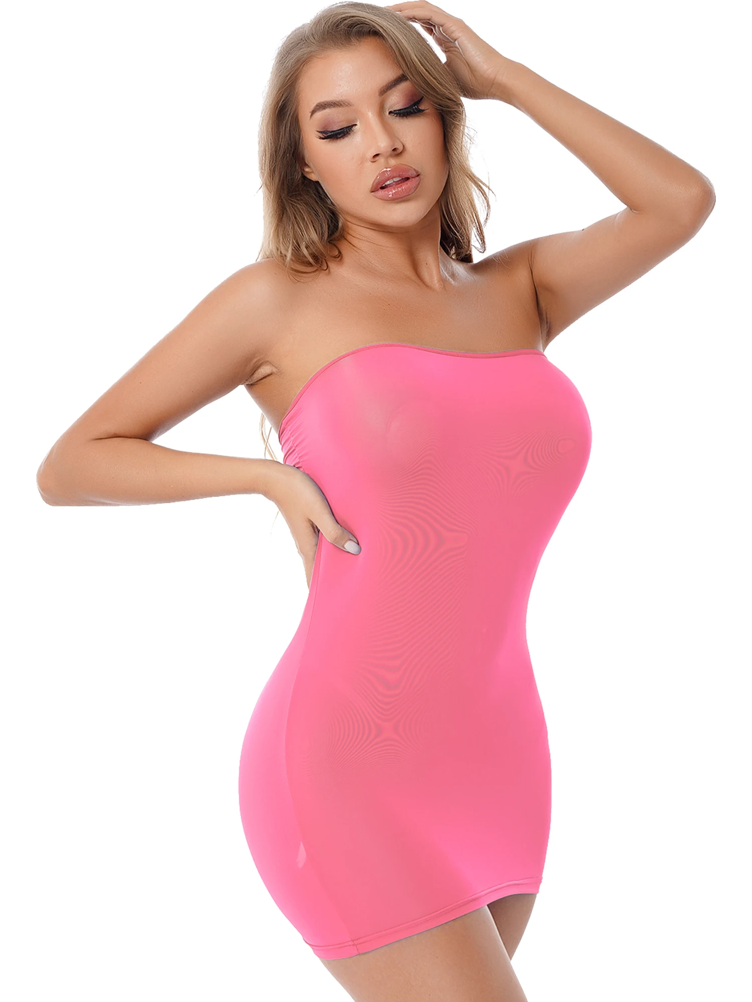 Women Sexy Mesh See-Through Tube Dress Ultrathin Glossy Transparent Bodycon Mini Pencil Dress Night Club Pole Dance Clubwear