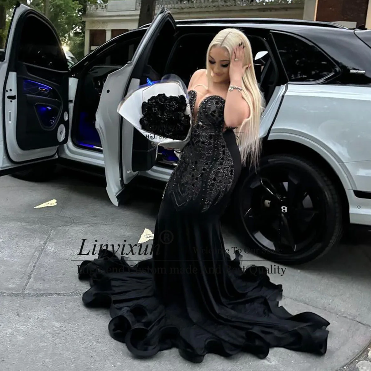 Black 2024 Diamonds Mermaid Prom Gowns For Black Girls Strapless Rhinestones Evening Party Gown Formal Crystal robe chic soirée