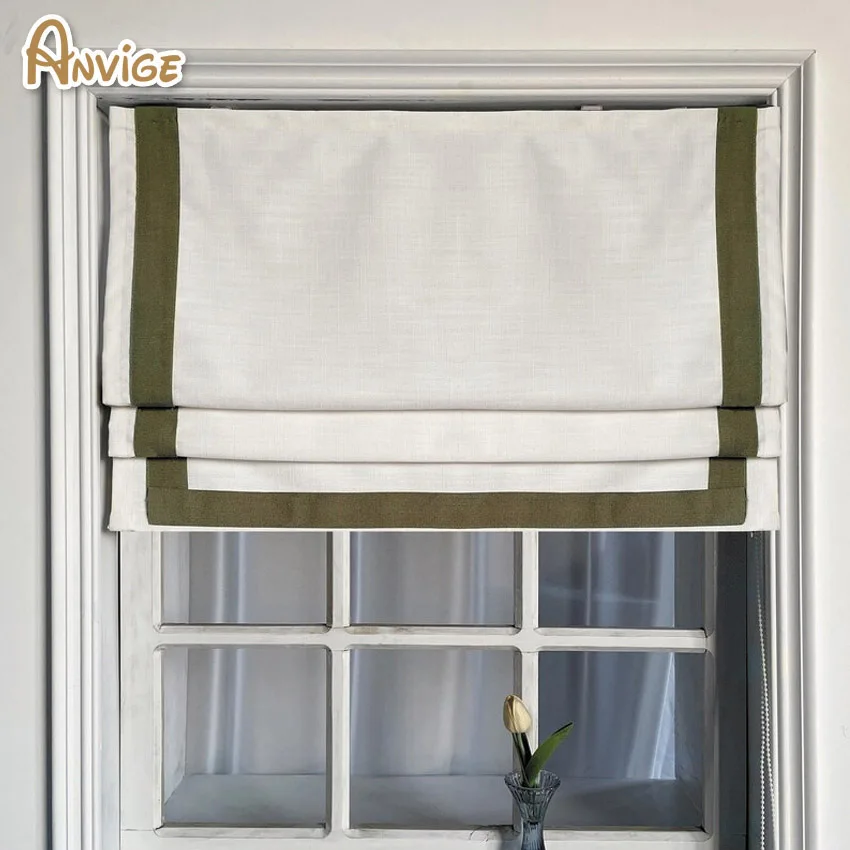 

Modern Motorized Cotton Linen White With Army Green Border Trim Flat Roman Shades Customized Roman Blinds With Installation