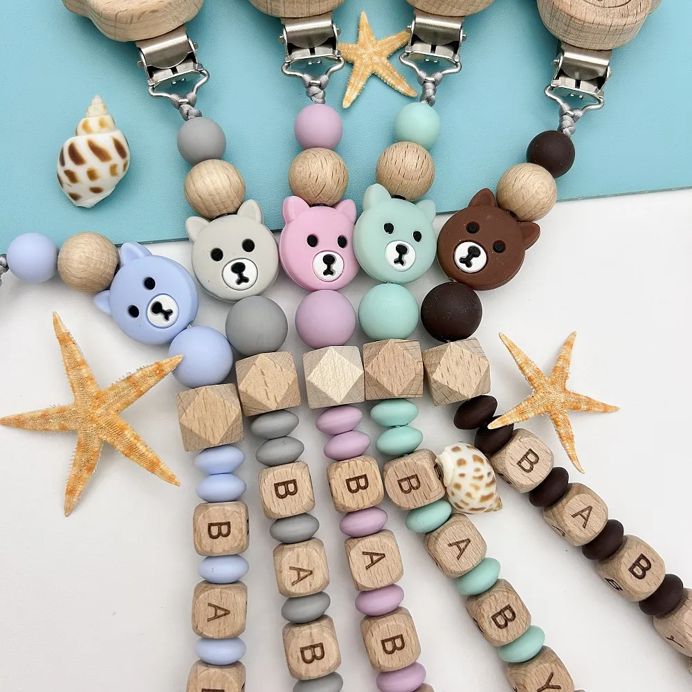 Personalized English Wooden Letters Name Baby Polar Bear Silicone Pendant Pacifier Clips Chains Holder Teether Baby Kawaii Gifts