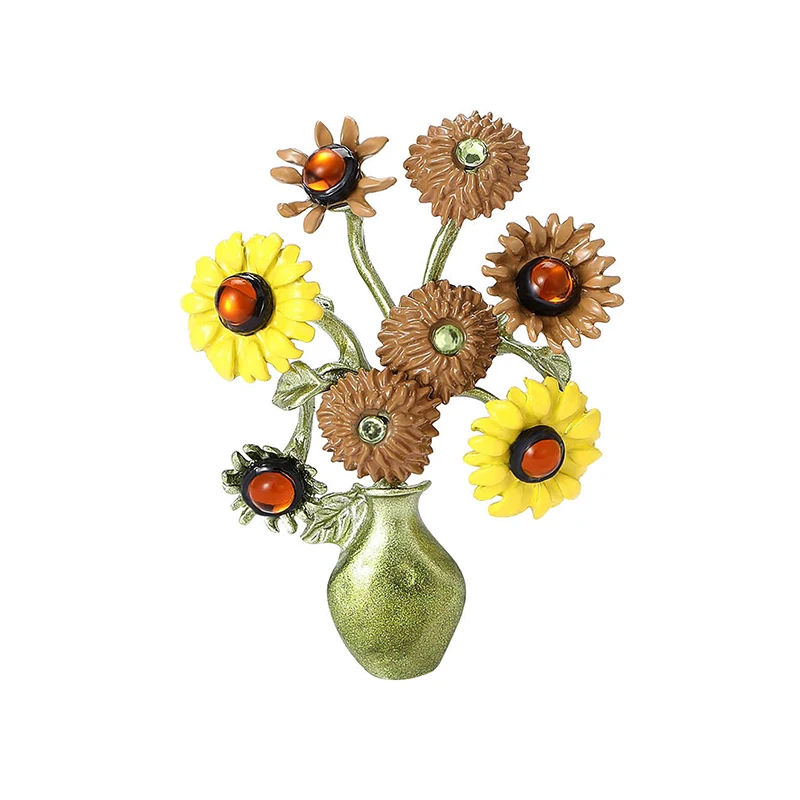 

Elegant Sunflower Bouquet Brooch Vintage Van Gogh Art Bottle Flowers Design Colored Alloy Brooch for Women Suit Sweater Ornament