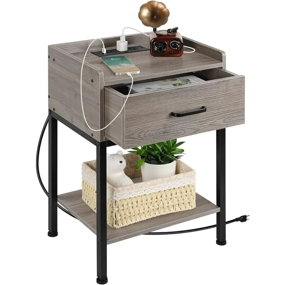 Gray Night Stand with Charging Station 2Tier Side Tables with Drawer Small Bedside Table with USB Ports and Outlets Nightstand