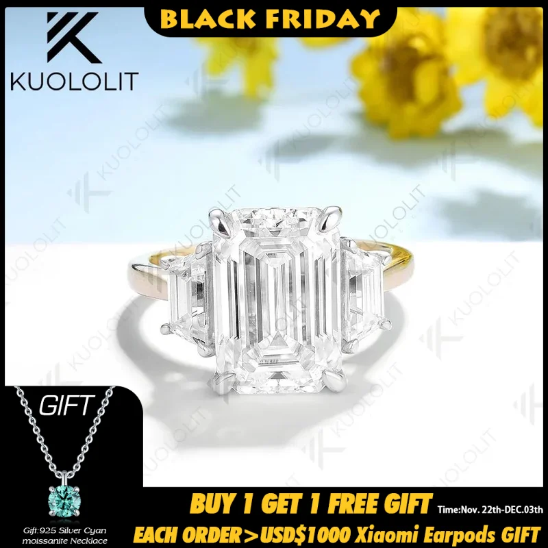 Kuololit 4CT Emerald Cut Moissanite Rings for Women Solid 18K 14K 10K Yellow Gold  Engagement Ring for Wedding Custom gifts