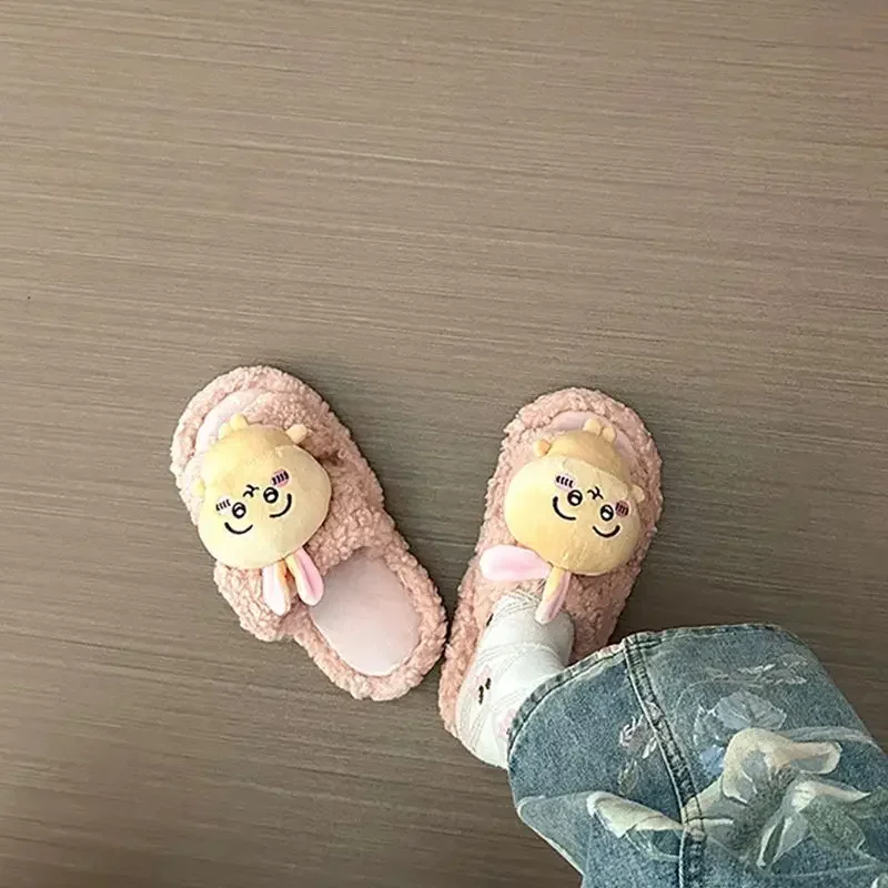 Cartoon Cute Gigi Hairy Shoes for Women, Wearing for Autumn and Winter, Lightweight, Simple and Casual One Word Cotton Slippers