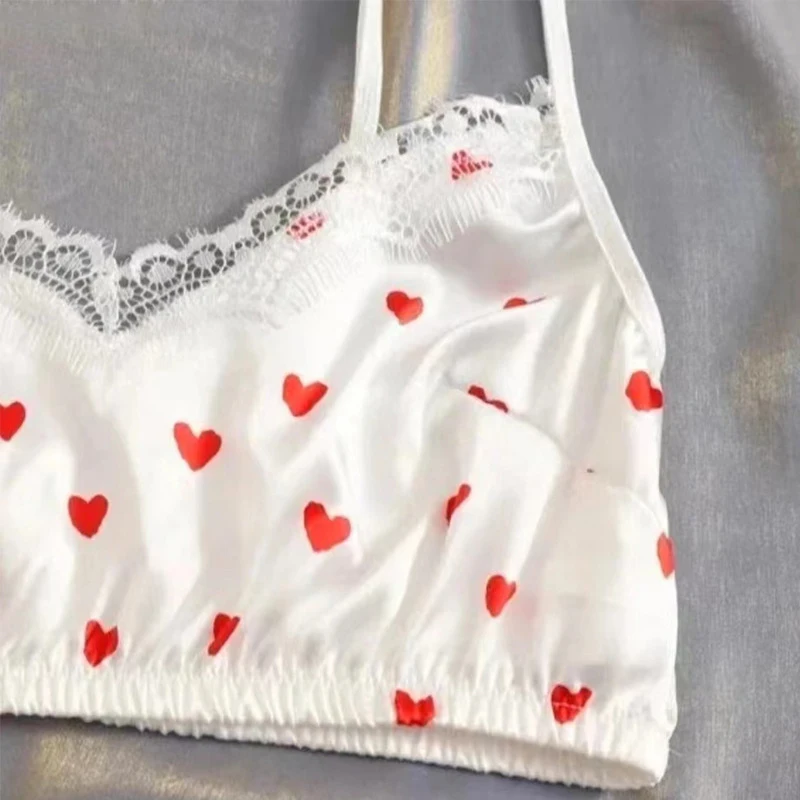 Ropa de dormir de satén de encaje para mujer, Conjunto de pijama con sujetador y estampado de amor, lencería Sexy