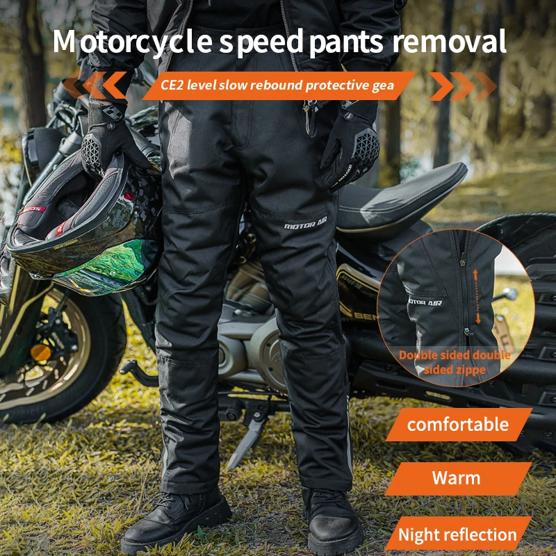 Black Men's Motorcycle Riding Pants Winter Cotton lining Warmth Quick Speed Off Waterproof Design With CE Protective Accessories