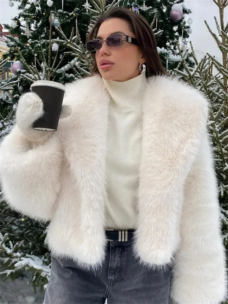 Tossy Fashion Loose Fur Feather Jacket Women's Lapel Long Sleeve Commute Cropped Outwear Winter 2025 Warm Faux Fur Overcoat New