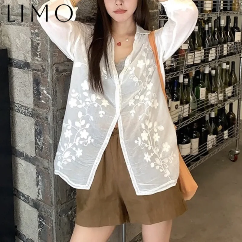 

LIMO Elegant White Embroidered Sun Shirt Women’s Boho Chic Button Cuff Long Sleeve Casual Oversized Blouse Trendy Summer 2025