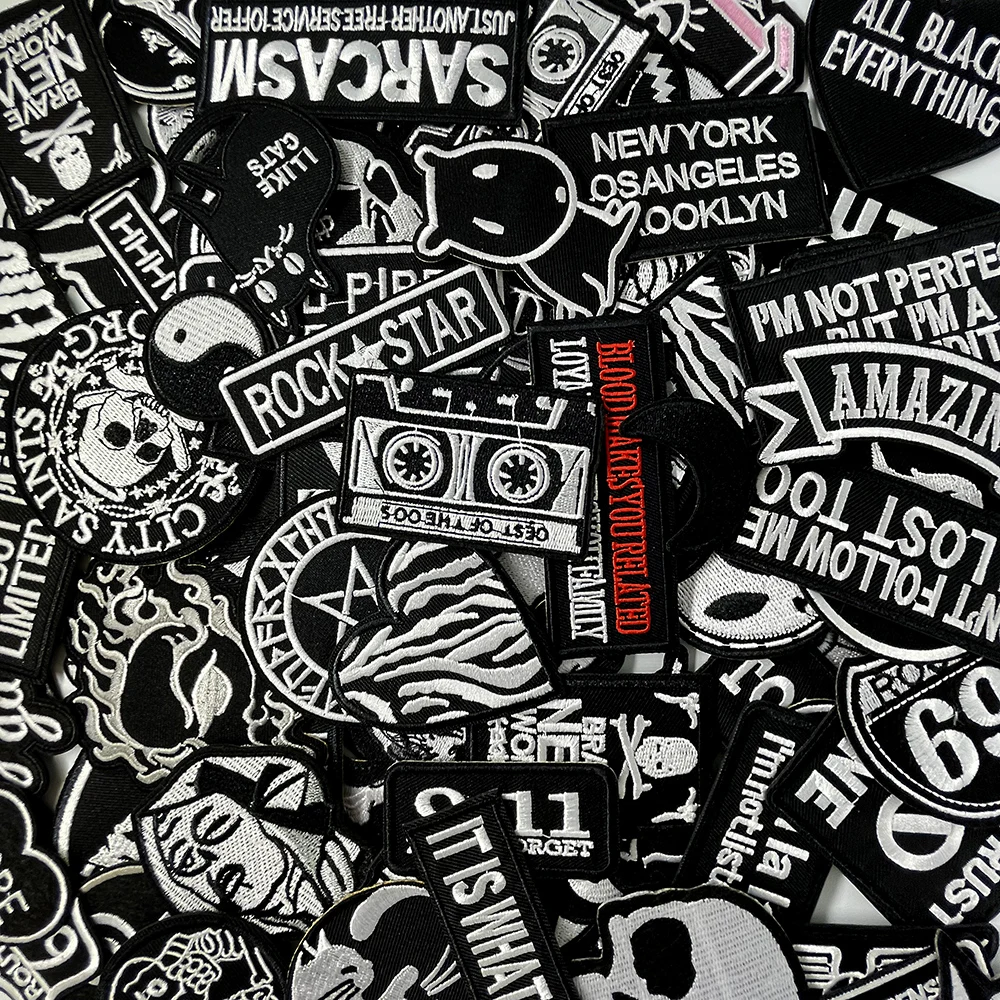 100pcs Random Mix Iron on Patches for Clothes Decoration Apparel Embroidery Appliques Apparel Sewing Supplies Repair Patch Black