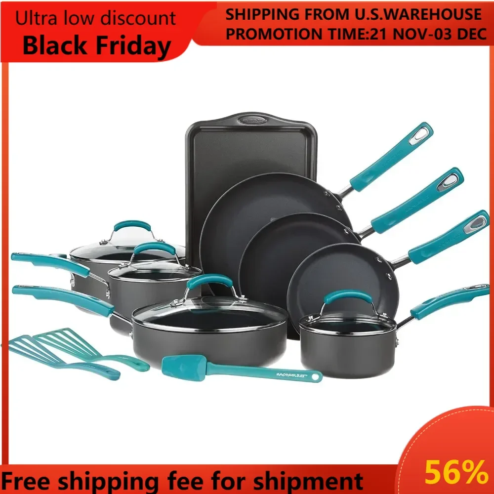 Classic Brights Hard Anodized Nonstick Cookware Pots and Pans Set, 15 Piece - Agave Blue