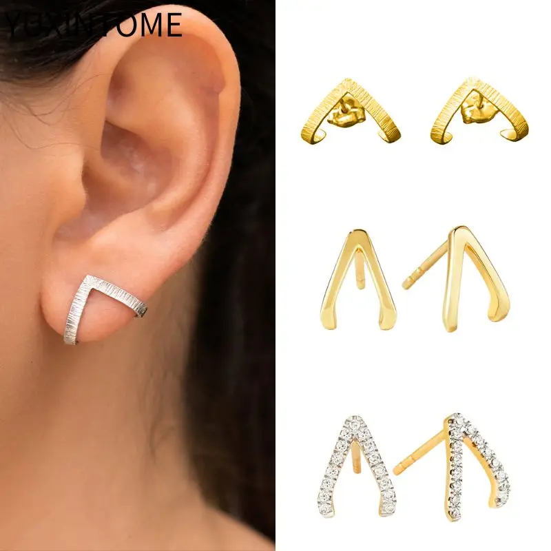 

925 Silver Ear Needle Triangle Stud Earrings for Women Minimalist Geometry Crystal Earrings Fashion Retro Jewelry Accessories