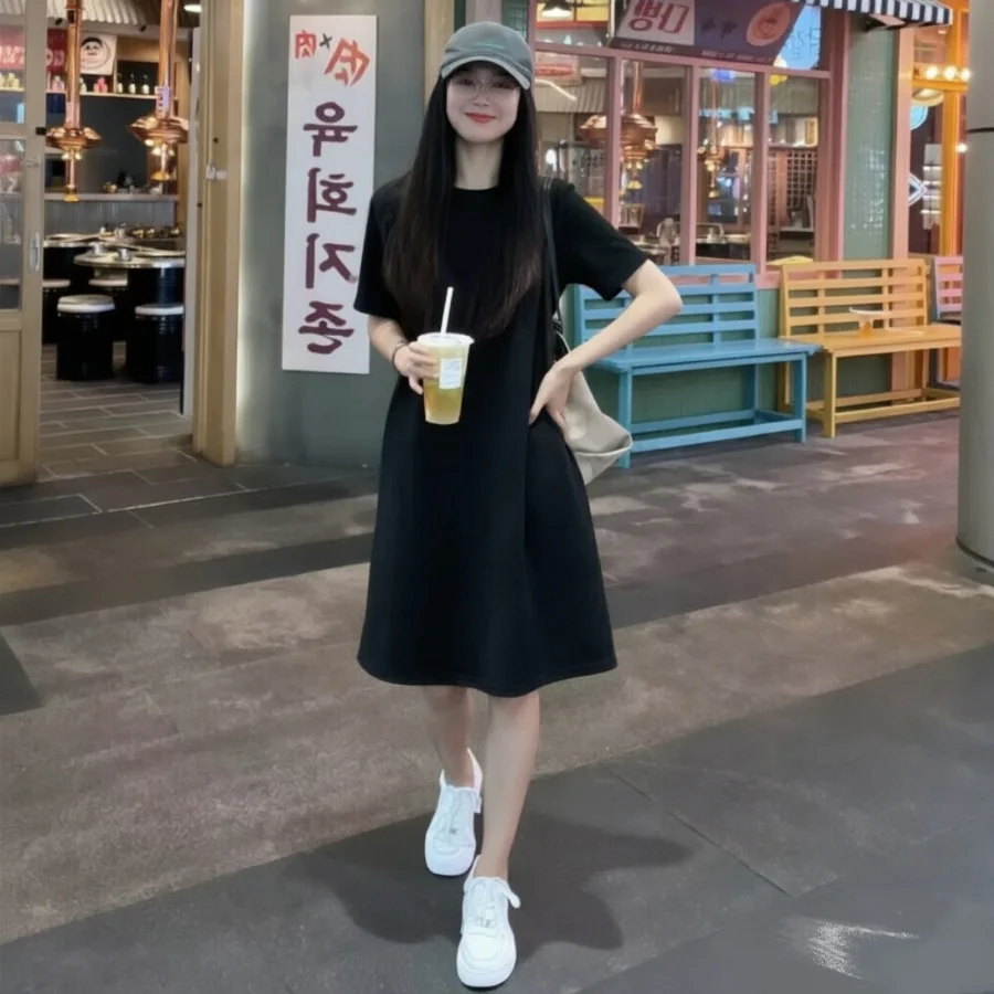 

【New style】Summer new style medium and long large size skirt covering belly fat mm casual short-sleeved T-shirt women age-reduc