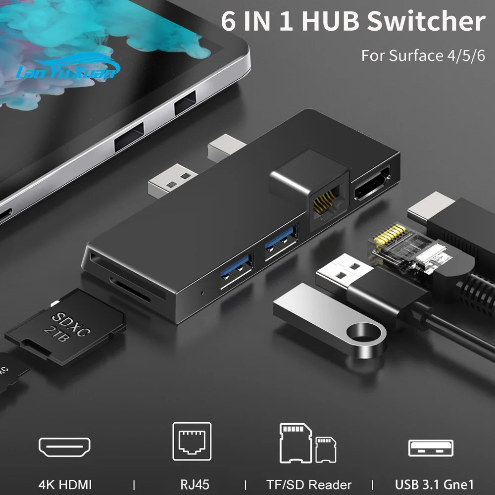 USB Hub for Microsoft Surface Pro 6/4/5 6 IN 1 USB/Mini DP to 4K HDMI-Adapter/ 100Mbps Ethernet /USB3.1/SD TF Hub Splitter