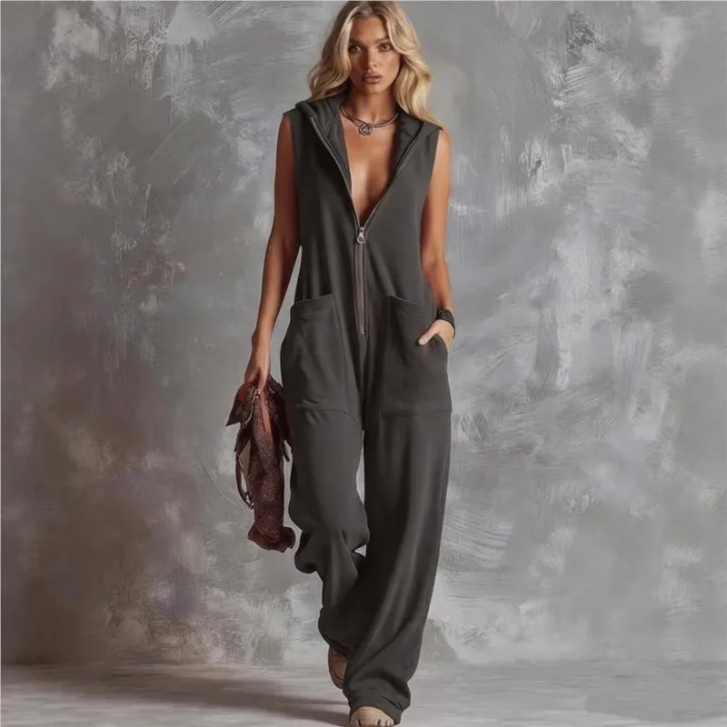 

Retro Solid color Jumpsuit for Women V-neck Sleeveless Hooded Zipper with Pocket Summer 2026 Daily Commuter Jumpsuit Cargo Pants
