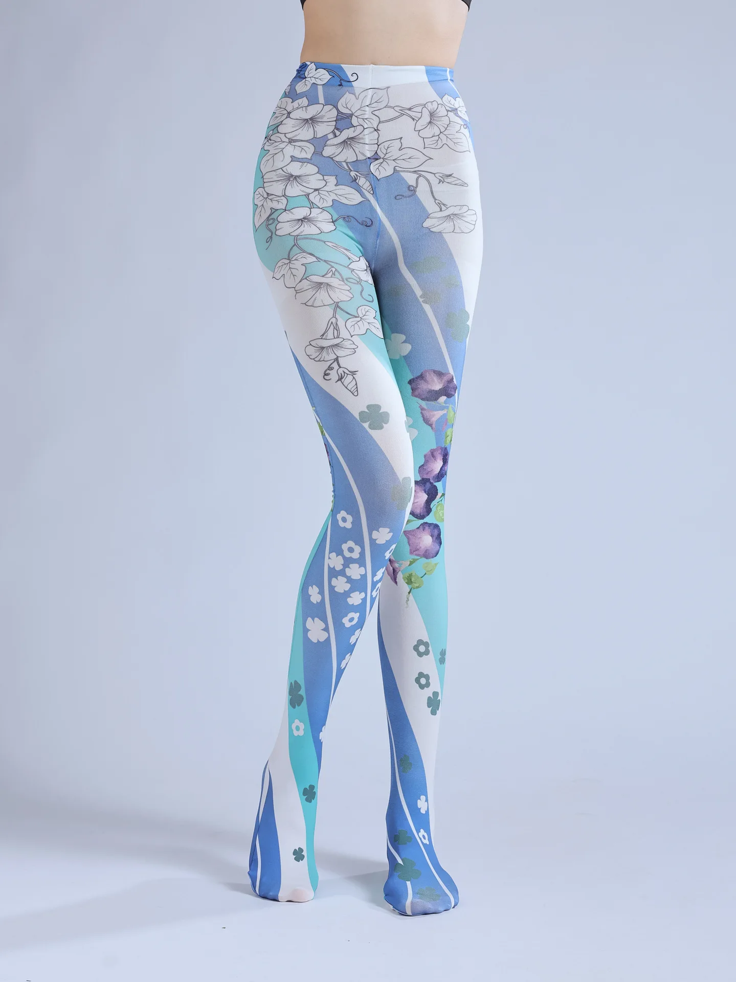 Lolita azul florista espiral impressão meia-calça, bonito Cos distintivo Base meias, desgaste exterior