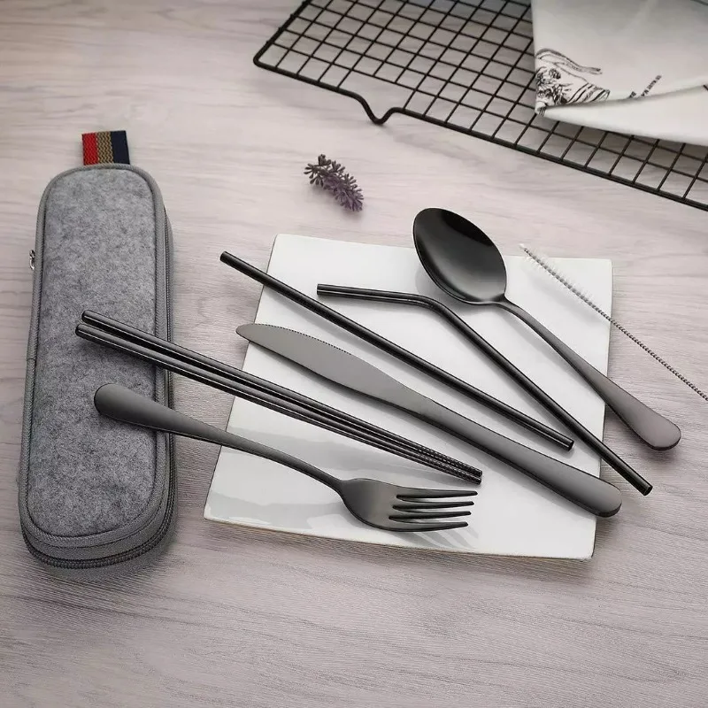 

Stainless steel portable tableware Western tableware set of chopsticks and straws Reusable Travel Cutlery Set Camp Utensils Set