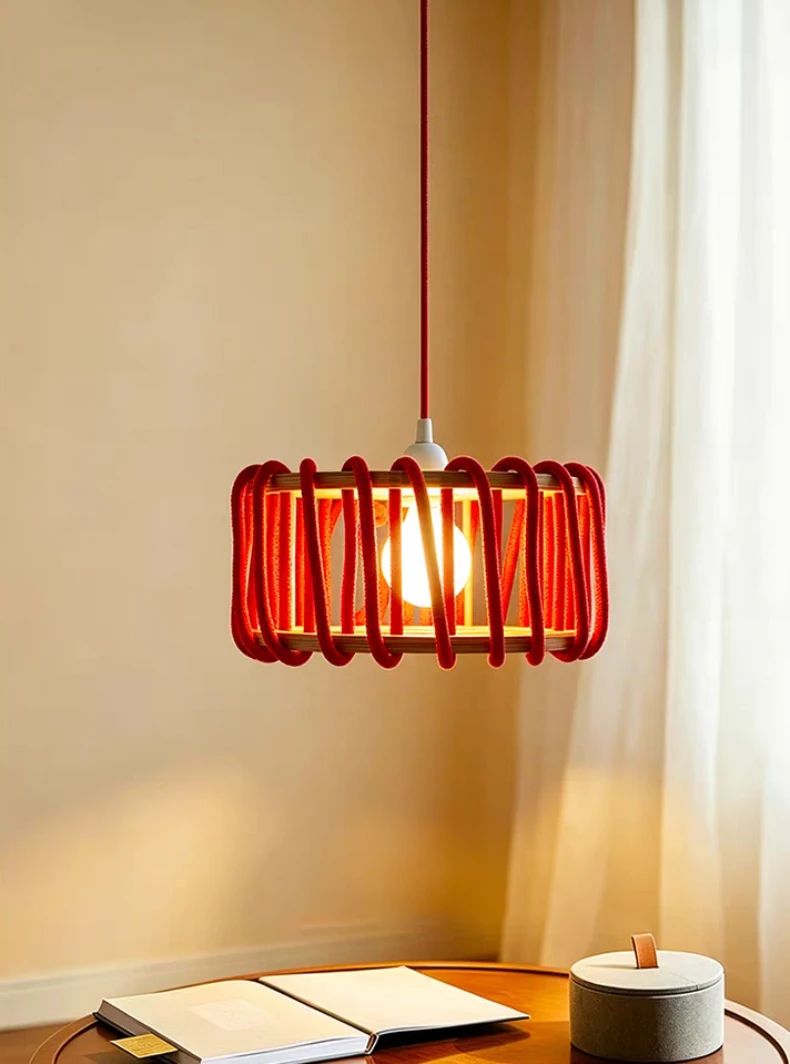 Creative White Red Yellow Rope Pendant Light E27 Bulb Wood