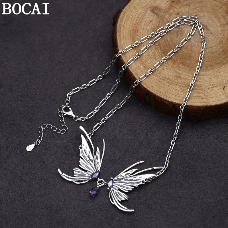 

BOCAI New S925 Sterling Silver Jewelry Vintage Personality Zircon Butterfly Necklace Women's Selected Gift